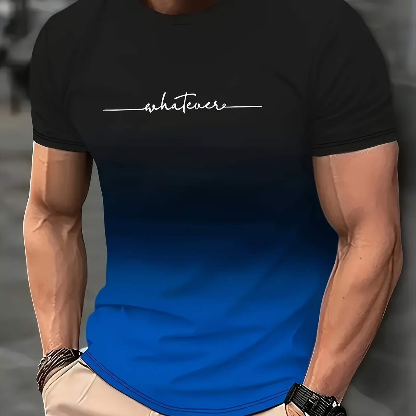 

Gradient Color And Letter Print "whatever" T-shirt With Crew Neck And Short Sleeve, Comfy And Durable Tees For Men, Casual And Trendy Tops For Men's Summer Street Wear
