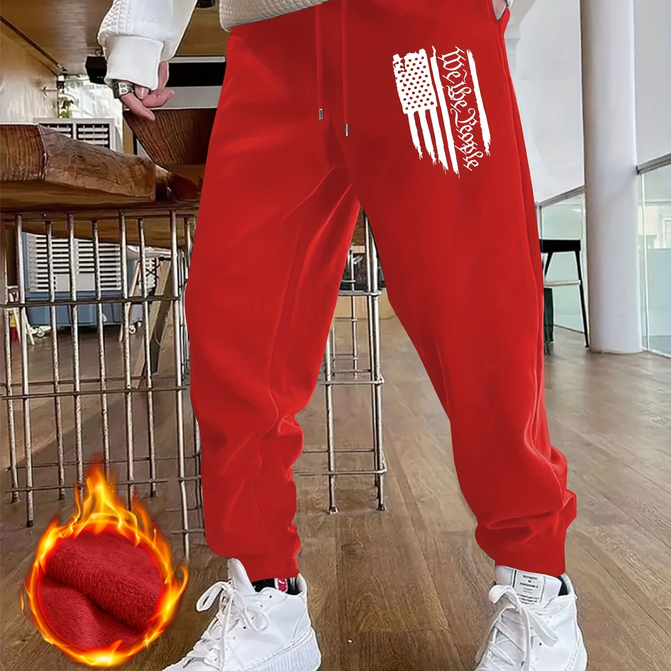 

We The People And American National Flag Graphic Print, Men's Drawstring Sweatpants With Fleece, Casual Warm And Comfy Jogger Pants For Men