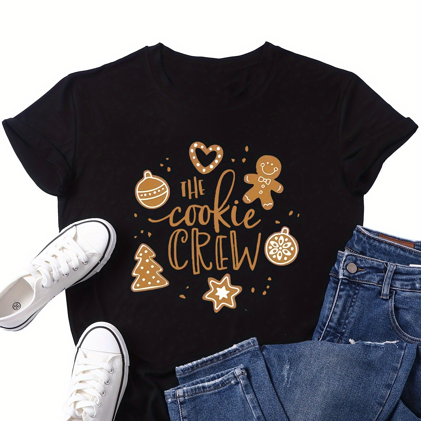 

Women's Casual Crew Neck Christmas Tee With Cookie Crew Print - Polyester , Knit Fabric With Slight Stretch, Regular Fit Short Sleeve T-shirt