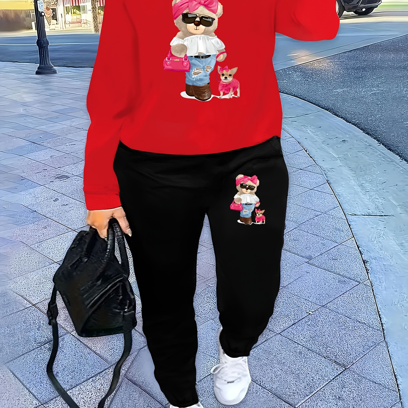 

Women's Cozy Cartoon Print Sweatshirt & Joggers Set - Casual Crew Neck, Long Sleeve, Machine Washable - Perfect For Fall/winter