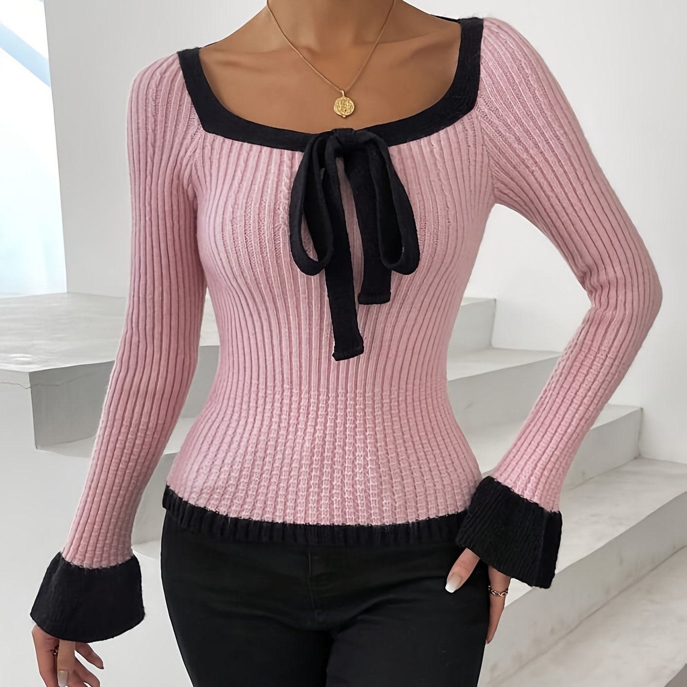 

Contrast Trim Tie Front Sweater, Elegant Slim Square Neck Flare Sleeve Backless Sweater For Spring & Fall, Women's Clothing