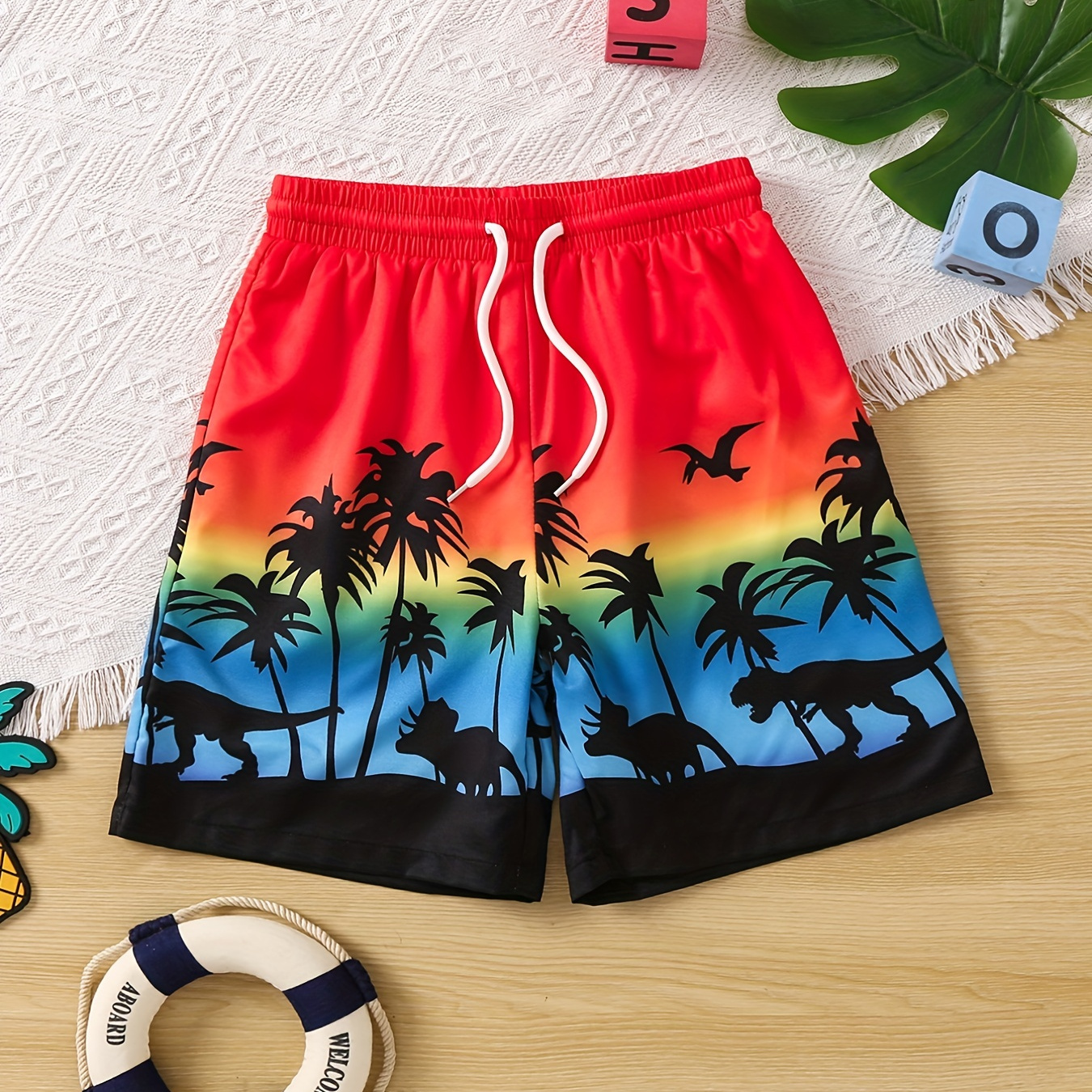 

Boys Swim Trunks Coconut Trees Dinosaur Print Elastic Waist Drawstring Beach Pants Swim Shorts Stretchy Comfortable Kids Clothes Vacation Summer