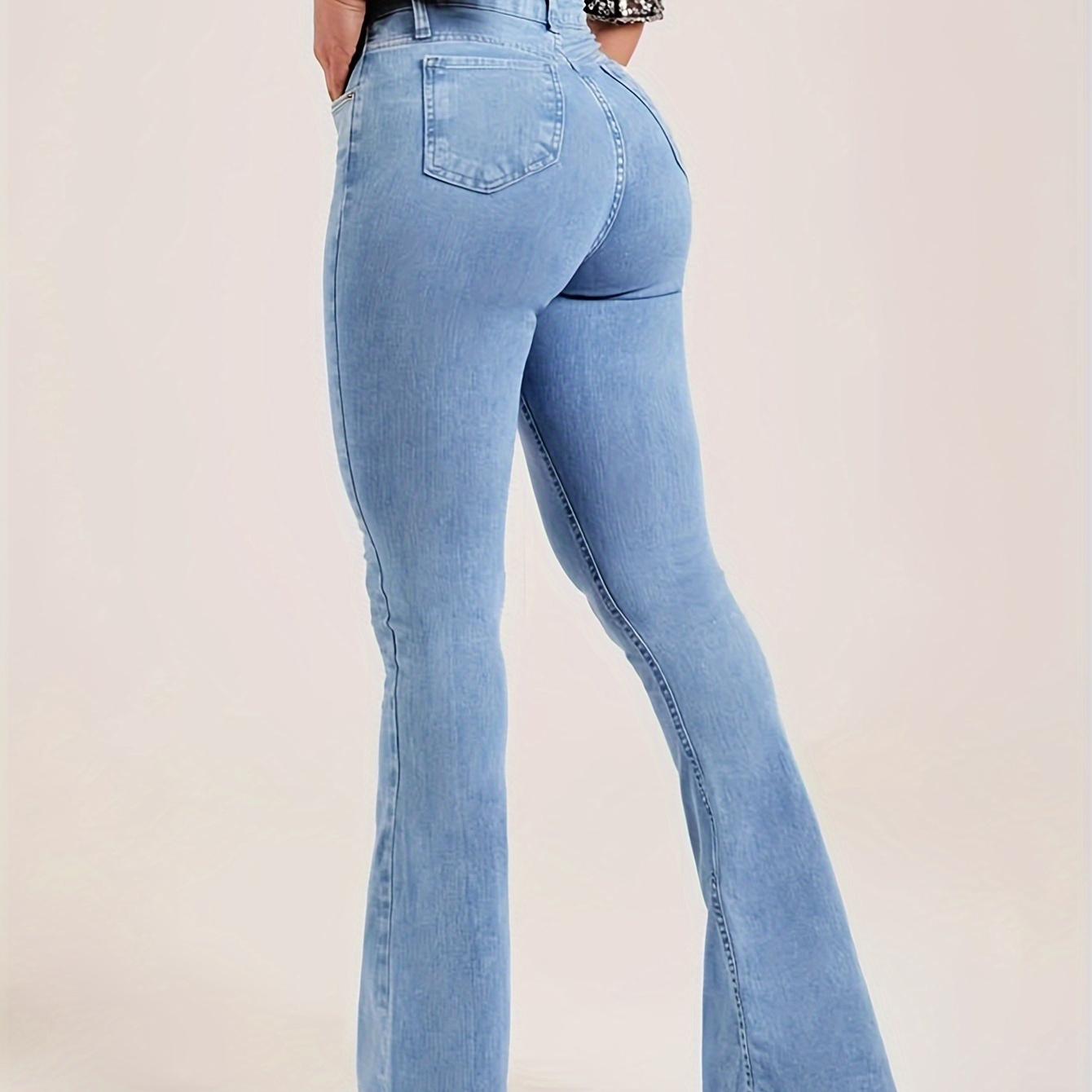 

Solid Color Zip Fly Flare Denim Pants, High Rise Slash Pocket Slim Fit Female's Trousers, Classic Casual Chic Style, Women's Denim Jeans & Clothing