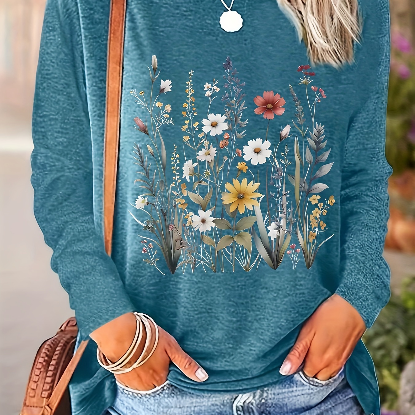 

Plus Size Floral Print T-shirt, Casual Crew Neck Long Sleeve Top For Spring & Fall, Women's Plus Size Clothing