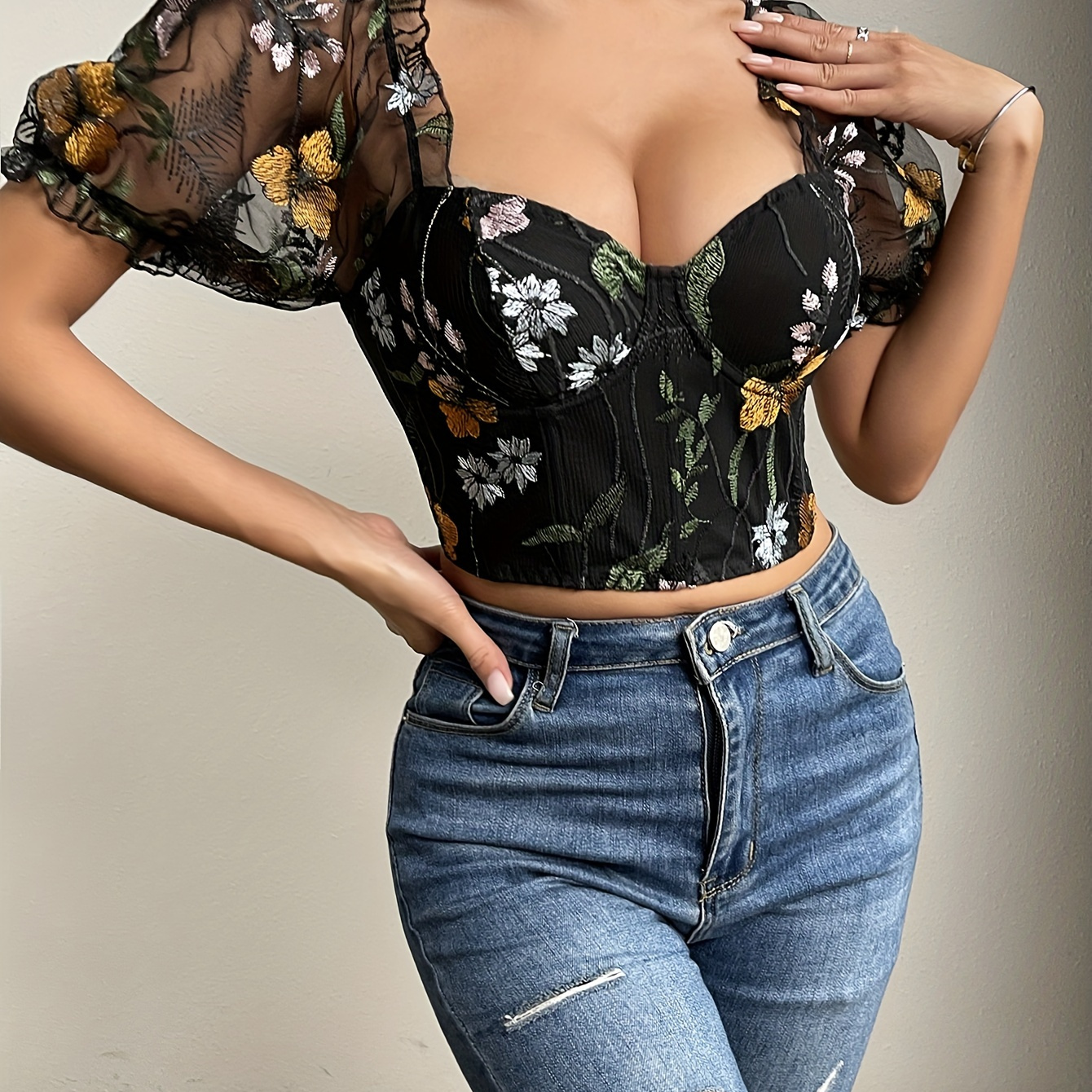 

Floral Embroidery Mesh Bustier Crop Blouse, Elegant Puff Sleeve Slim Top For Spring & Summer, Women's Clothing