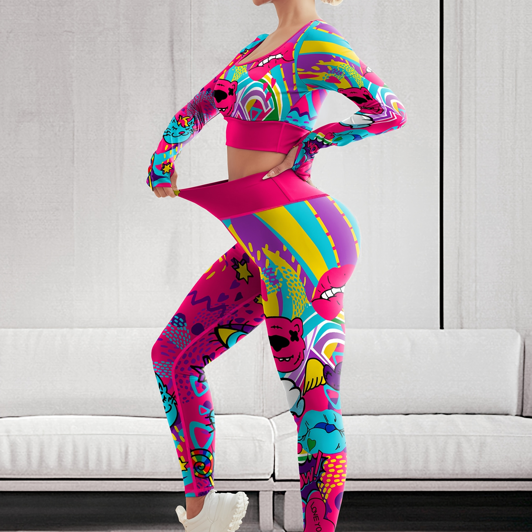 

Women's 2pcs Activewear Set: Graffiti Print, High-elasticity Long Sleeve Top & High-waist Leggings - Yoga, Running & Training