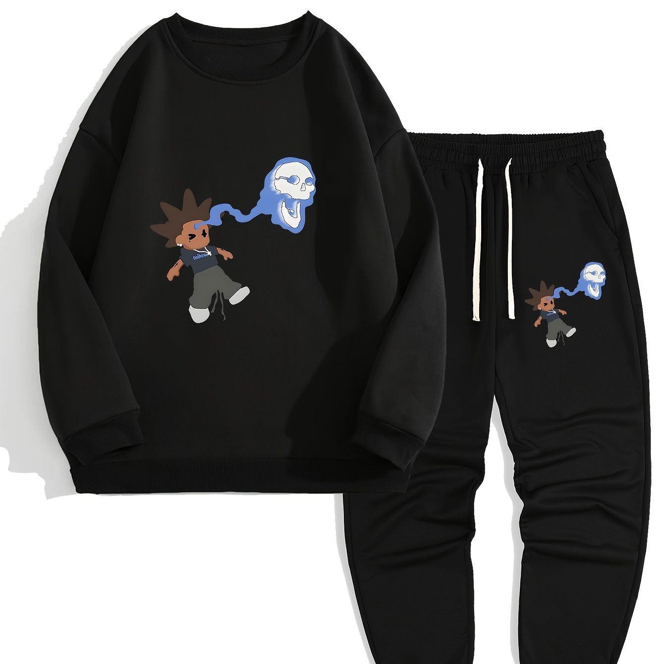 

Creative Cartoon Print, Men's 2pcs, Casual Loose Comfy Sweatshirt And Drawstring Waist Sweatpants Set For Autumn Winter