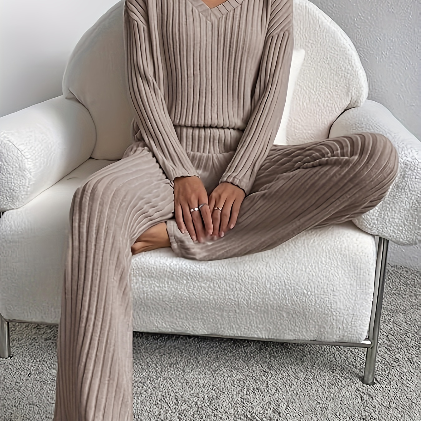 

Rib Knit Solid Color Casual Pantsuits, Long Sleeve V Neck Drop Shoulder Top & High Waist Straight Leg Pants Outfits, Women's Clothing