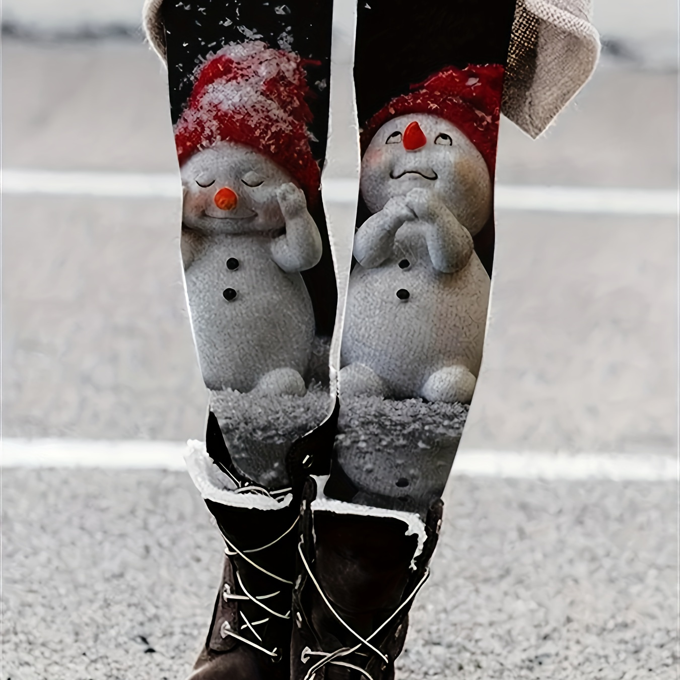 

Christmas Snowman Print Leggings - Stretchy Polyester, Machine Washable, Women'