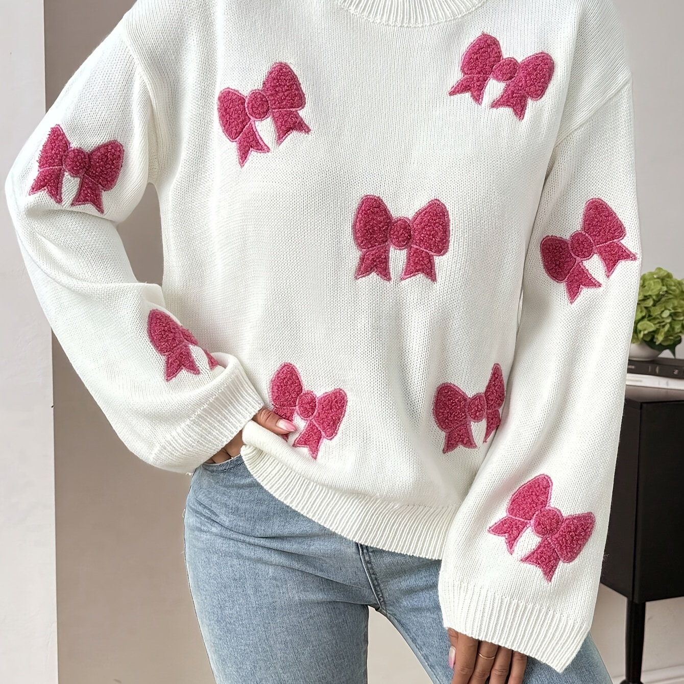 

Bow Pattern Crew Neck Sweater, Casual Long Sleeve Top For Winter & Fall, Women's Clothing