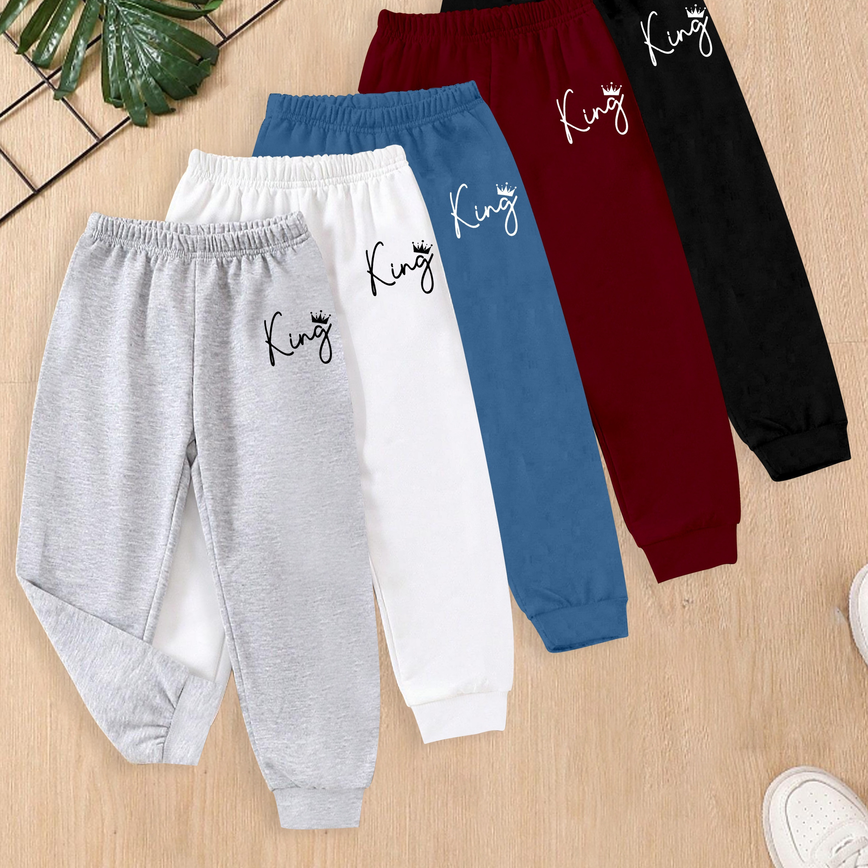 

valentine's Day" "ramadan", 'king' Letter Print, Fashionable Long Pants For Baby Boys, Pack Of 5, For Outdoor