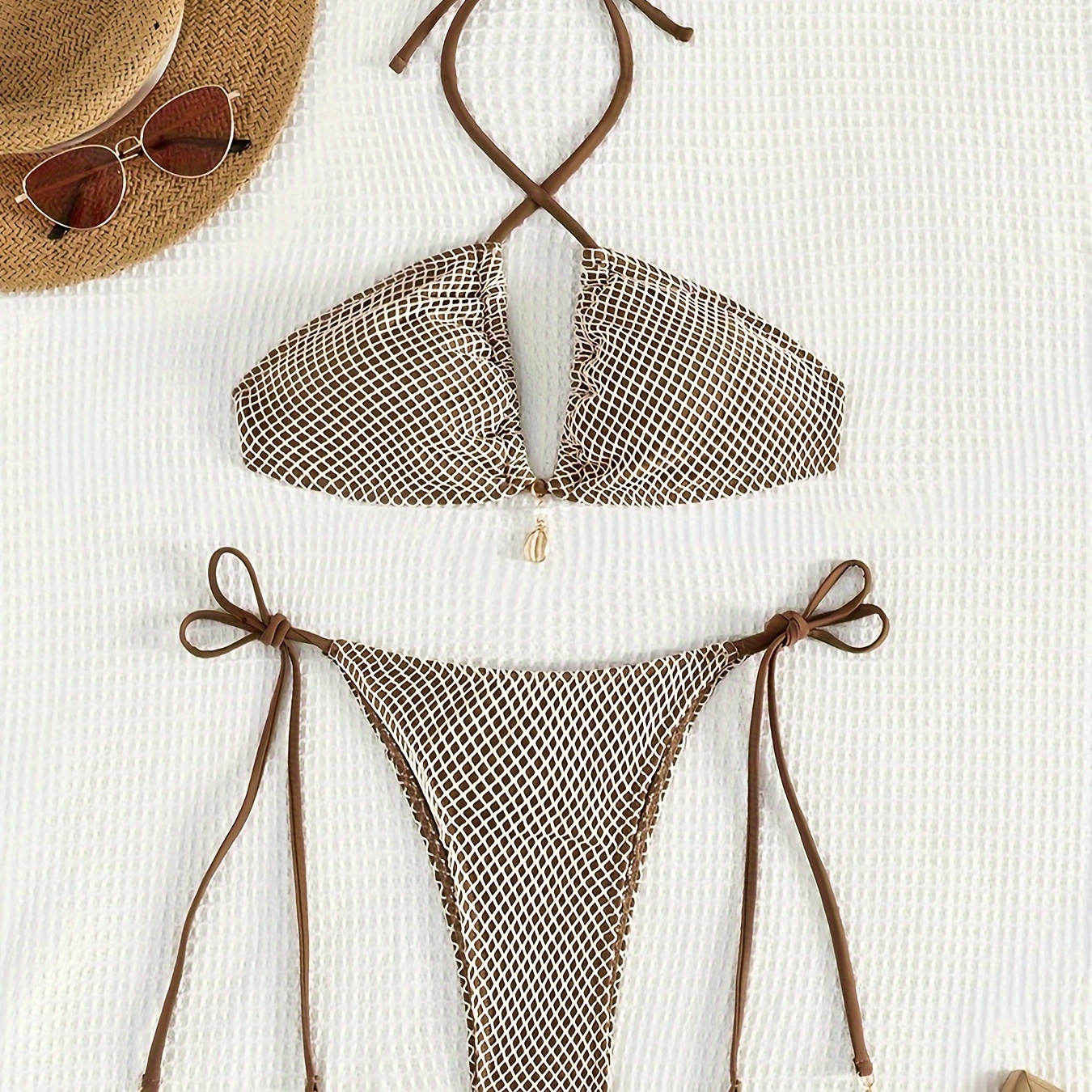 

Textured Fabric 2 Piece Set Bikini, Halter Neck Shell Decor High Cut Swimsuits, Women's Swimwear & Clothing