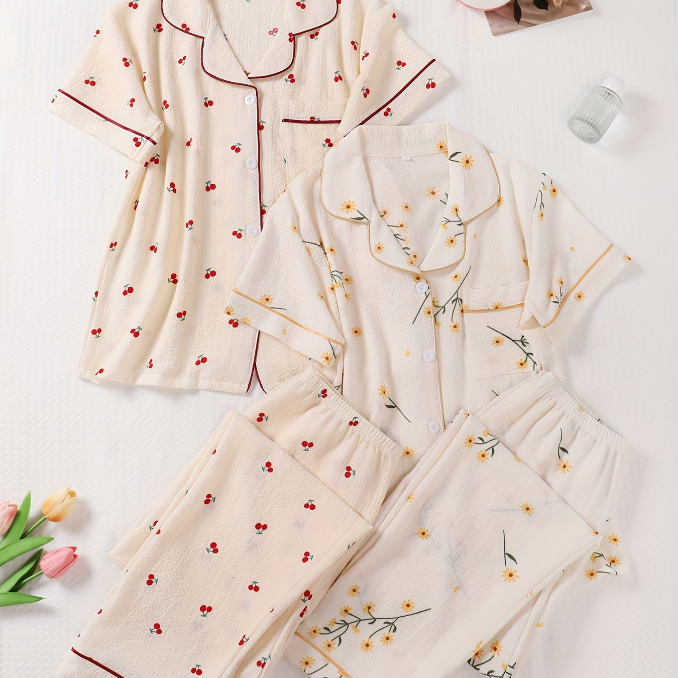 

2 Sets Cherry & Floral Print Textured Pajama Set, Casual Short Sleeve Buttons Lapel Top & Elastic Pants, Women's Sleepwear