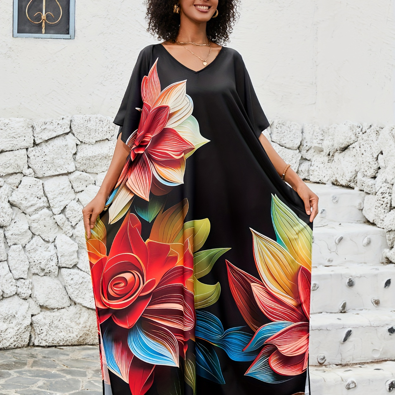 

Plus Size Up Kaftan - Polyester 100%, Floral Print, Non-stretch Fabric With Side Split Detail, Woven Beachwear Long Robe Dress