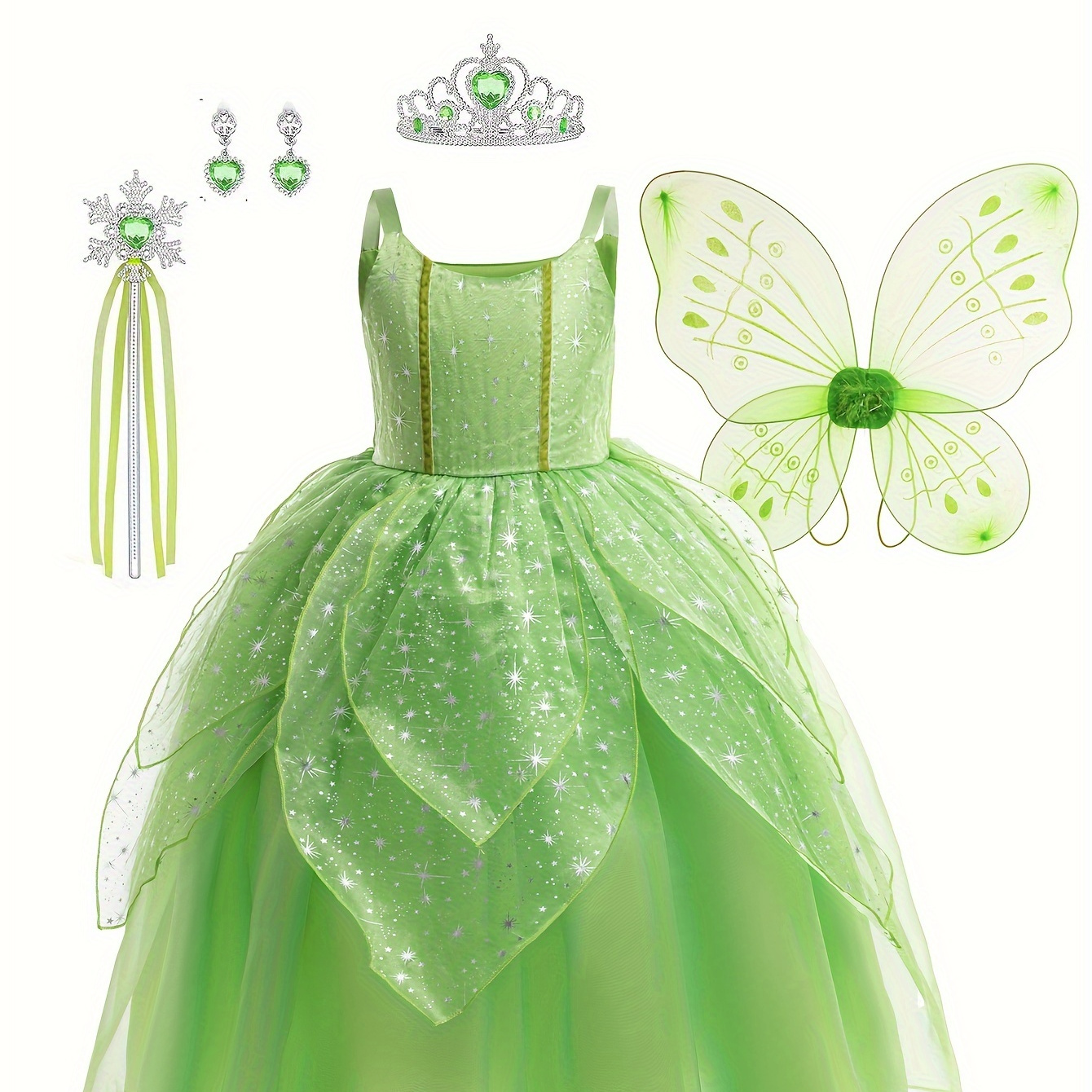 

5pcs Dreamy Fairy Princess Dress Set, Tutu Dress + Wings +magic Wand + Crown + Earnings Set For Girls Party Performance Gift