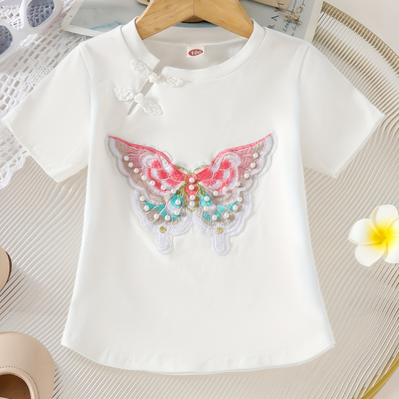 

Butterfly Embroidery 95% Cotton Short Sleeve T-shirt, Elegant Girl's Chinese Vintage Style Tees For Summer Gift
