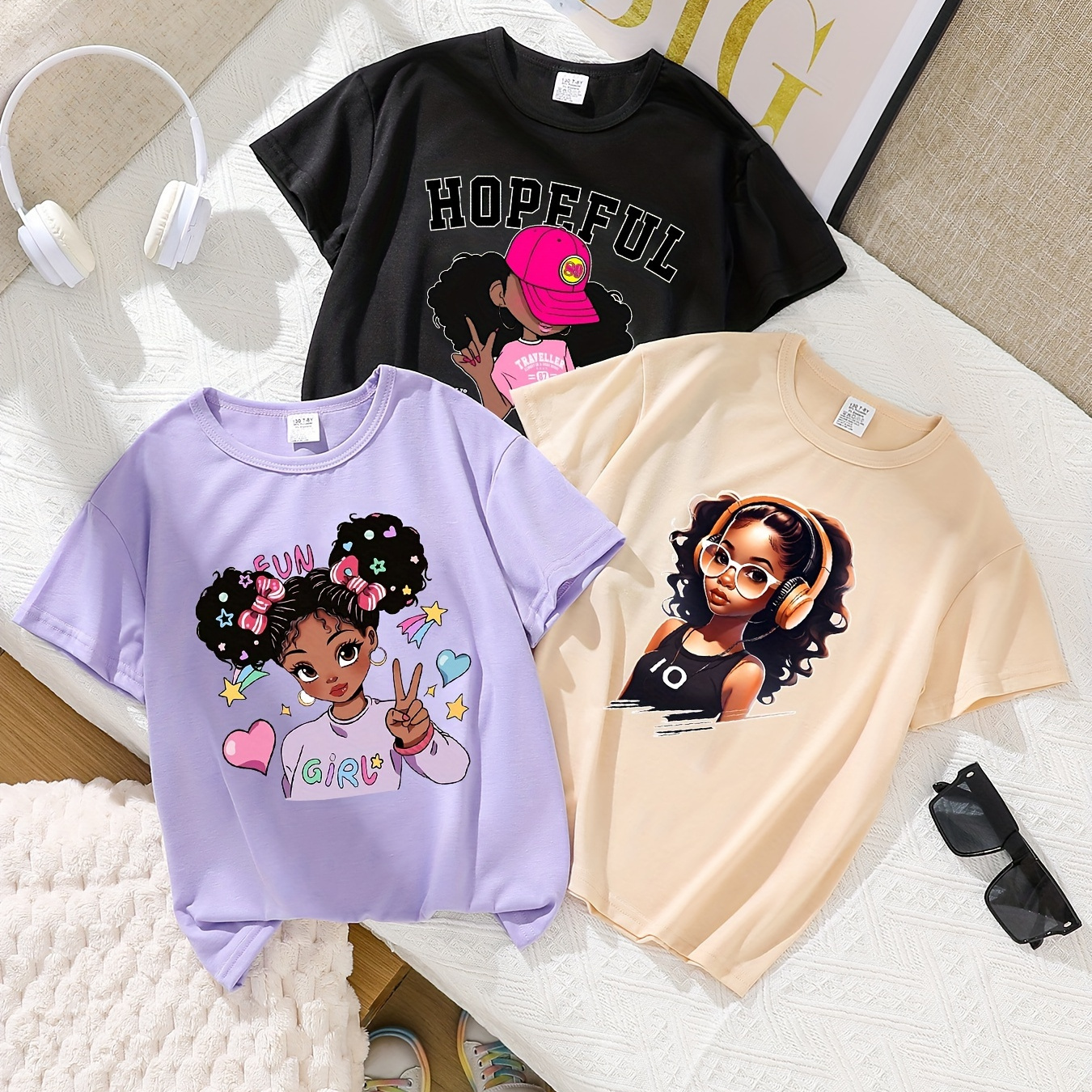 

3pcs, Cartoon Girls Graphic Short Sleeve Crew Neck T-shirts Set For Girls, Comfy And Trendy Summer Outfit