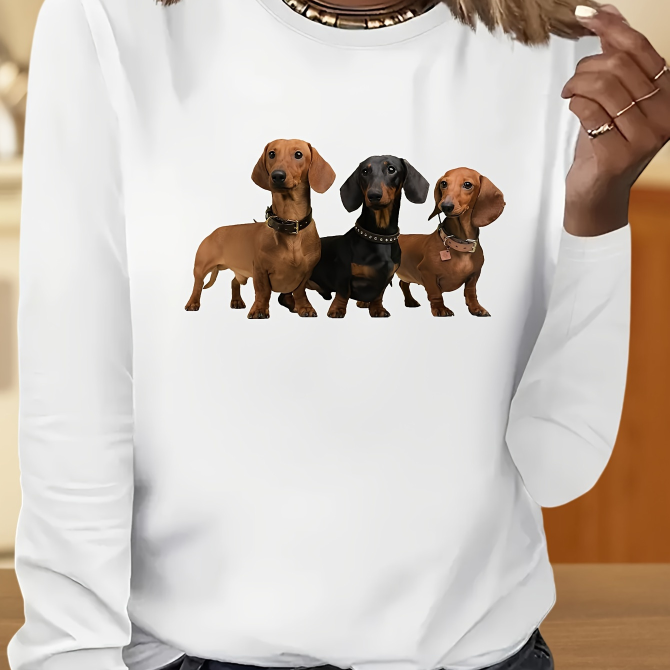 

Adorable Dachshund Print Long Sleeve T-shirt For Women - Casual Crew Neck, Soft Polyester, Machine Washable