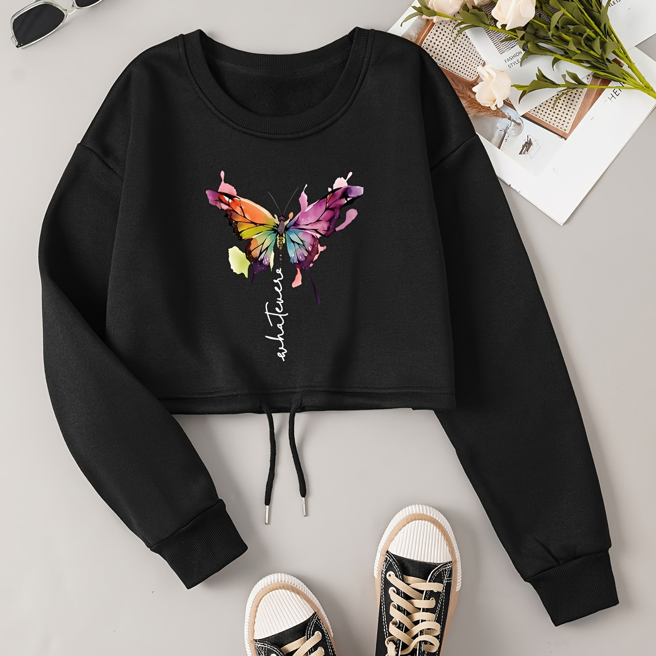 

Funny Letter & Butterfly Print Crop Sweashirt, Crew Neck Long Sleeve Drawstring Pullover For , Women's Clothing