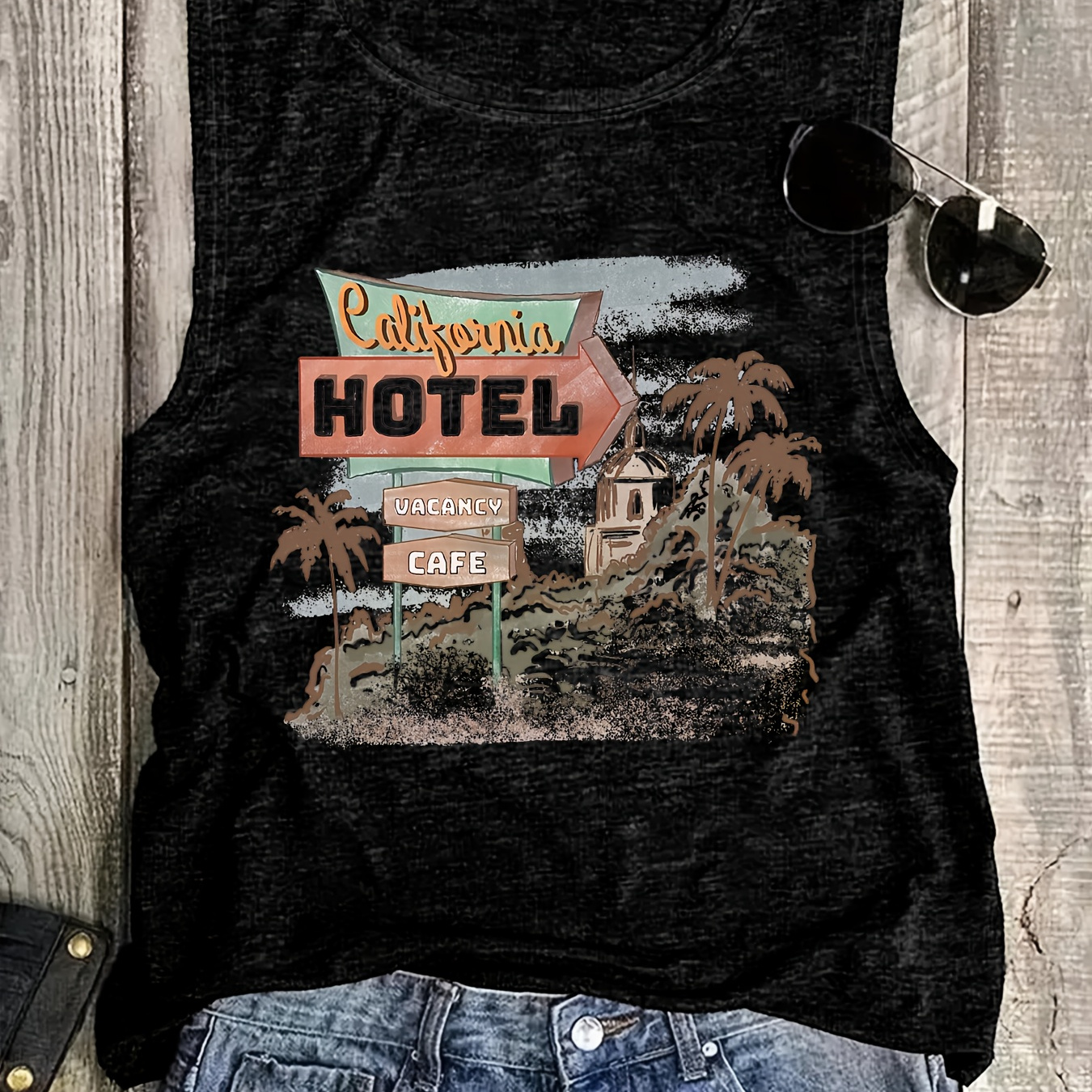 

Tree & Hotel Graphic Print Tank Top, Sleeveless Casual Top For Summer & Spring, Women's Clothing