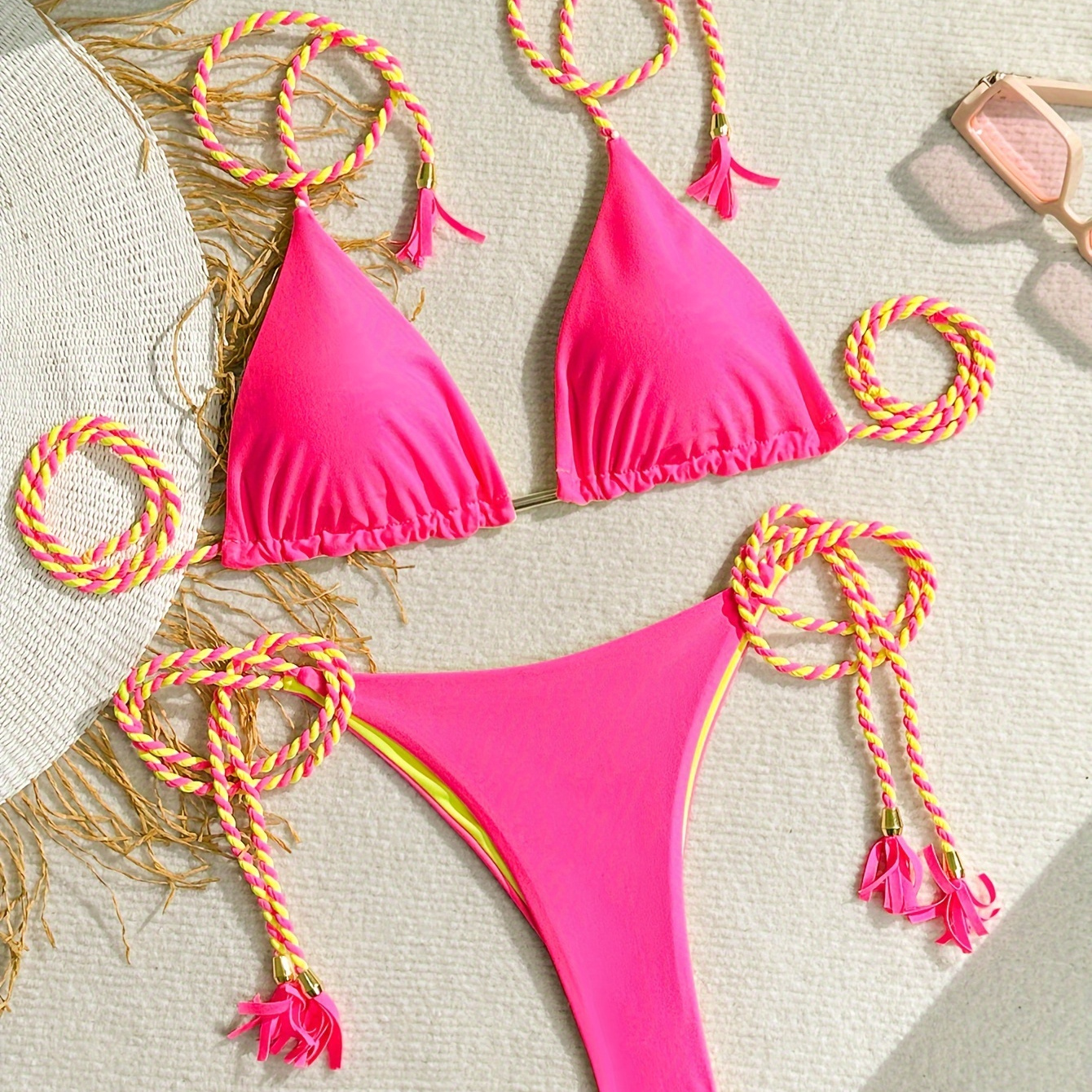 

Women's Sexy Bikini Set, Two-piece Swimwear With Braided Rope Detail, Adjustable Triangle Top & High Cut Bottoms, Summer Beachwear
