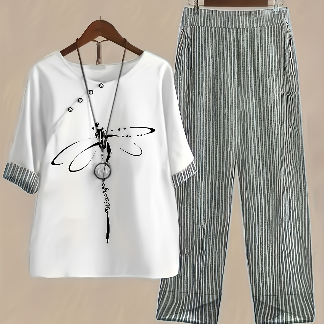 

Casual Polyester Women's Pantsuit With Dragonfly Print & Geometric Pattern, Crew Neck Tee & Knit Fabric Trousers, Fashionable Outfit With Decorative Buttons