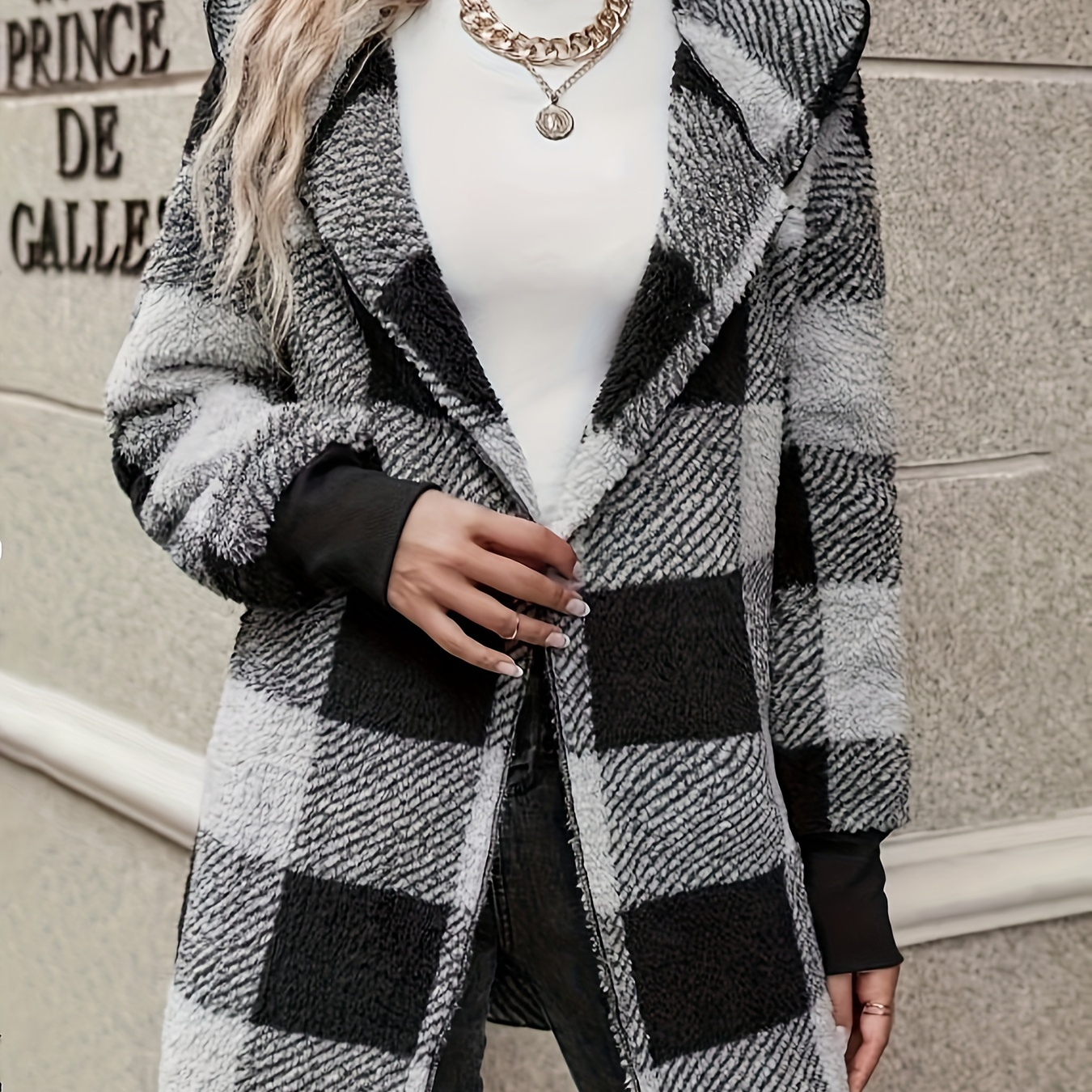 

Plaid Print Open Front Fuzzy Coat, Casual Long Sleeve Hooded Coat For Fall & Winter, Women's Clothing
