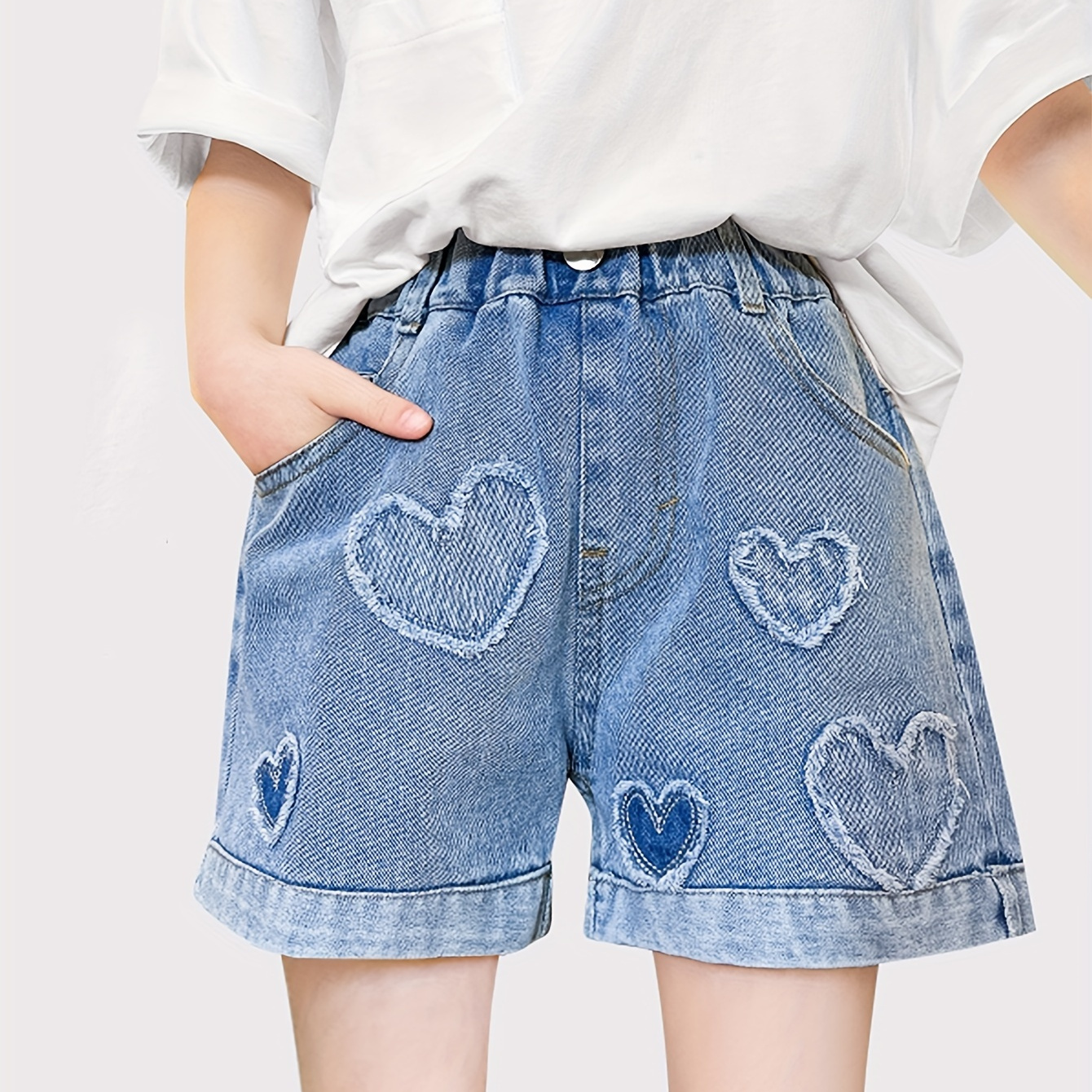 

Girls Breathable & Comfy Hearts Patched Denim Shorts For Spring & Summer