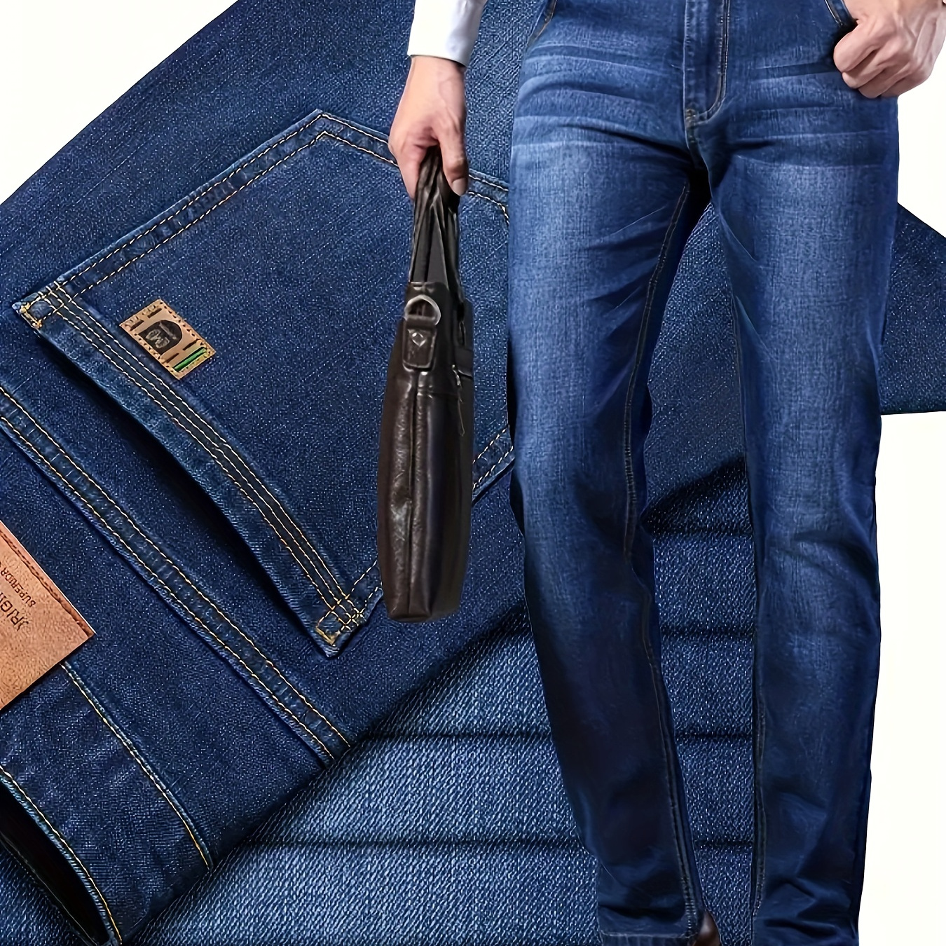 

Men's Solid Denim Pants With Pockets, Formal Cotton Blend Jeans For Outdoor Activities