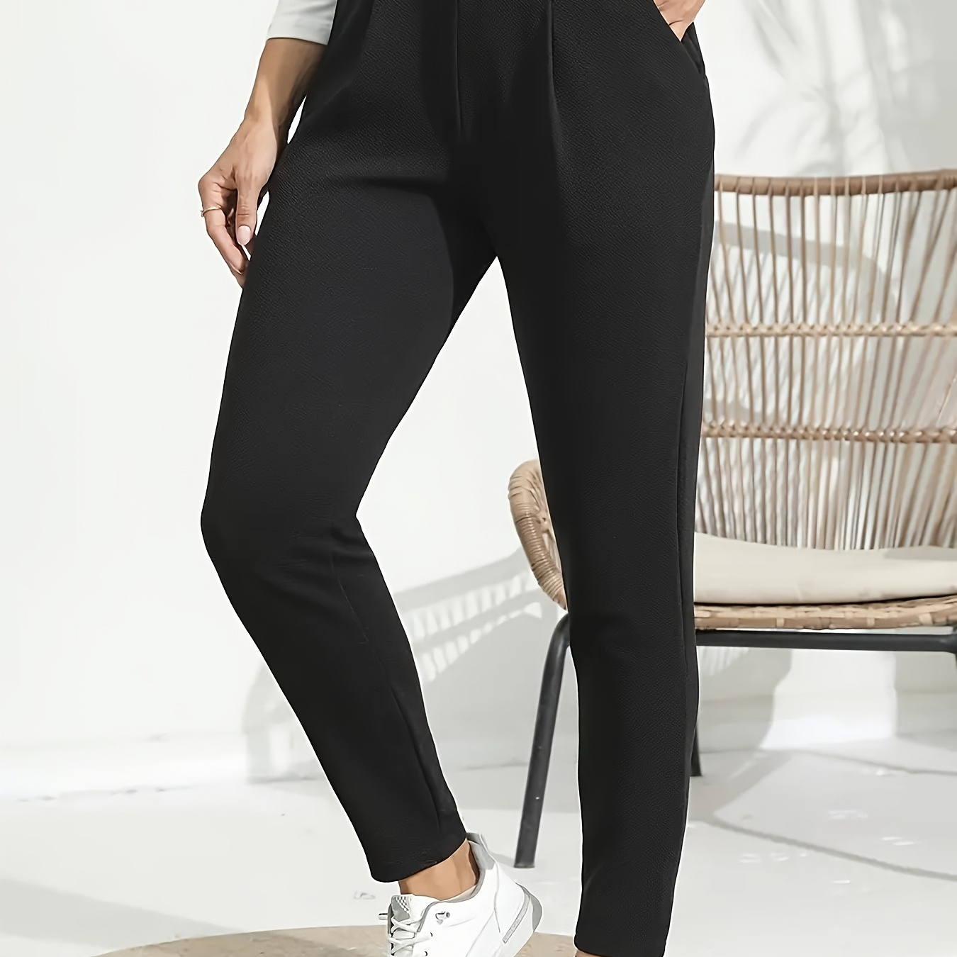 

1pc Elegant Women' Color Polyester-spandex Trousers With Slant Pockets, Regular Fit, Woven Fabric, 95% Polyester 5% Spandex - Fashion Pants For Adults