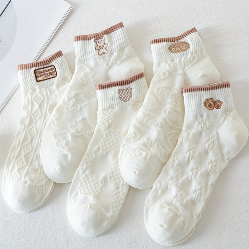 

5 Pairs 3d Textured Short Socks, Cute & Comfy Embroidery Crew Socks, Women's Stockings & Hosiery