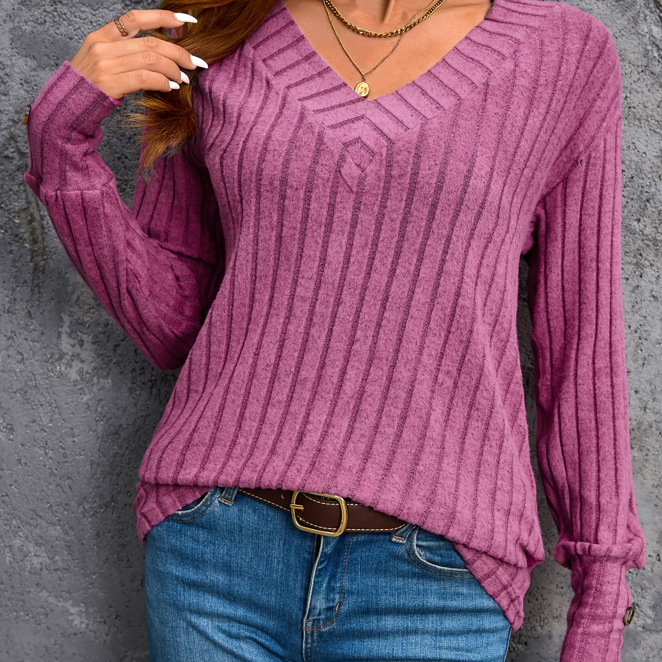 

Ribbed Drop Shoulder V Neck T-shirt, Casual Long Sleeve T-shirt For Spring & Fall, Women's Clothing