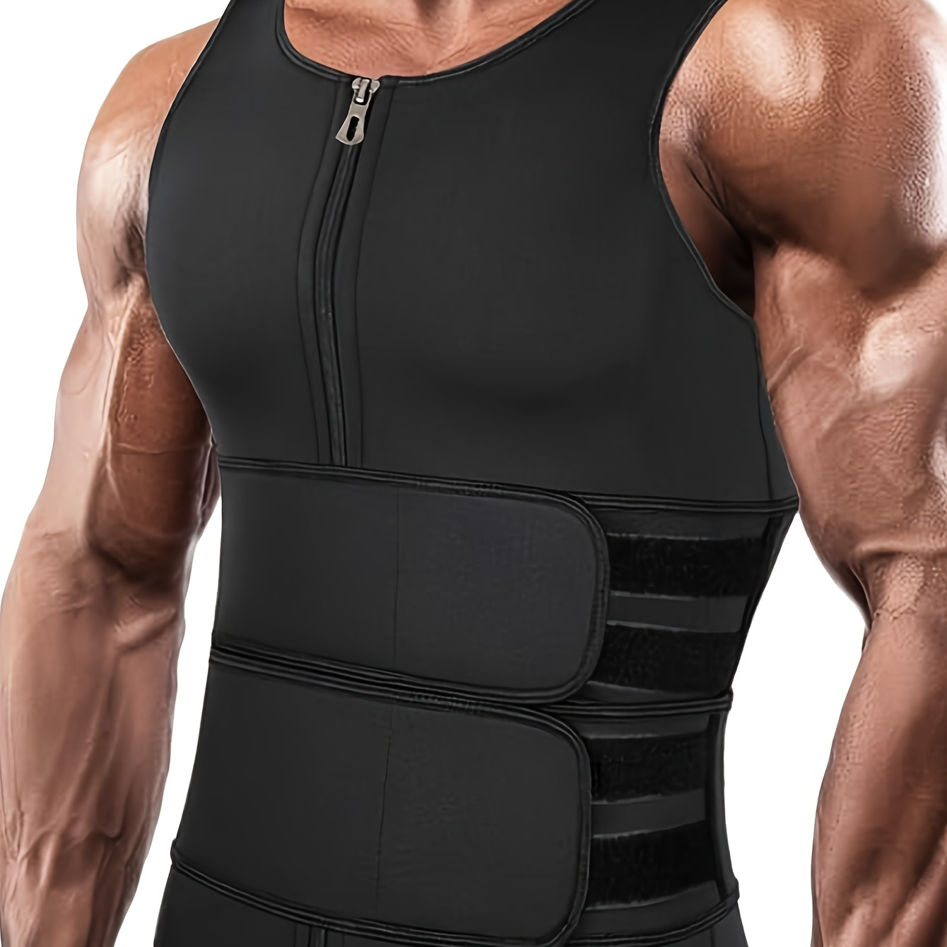 

Men's Slimming Sauna Vest With Zipper - Neoprene Waist Trainer Tank Top, Body Shaper With 2 Belt Straps For Fitness & Workout