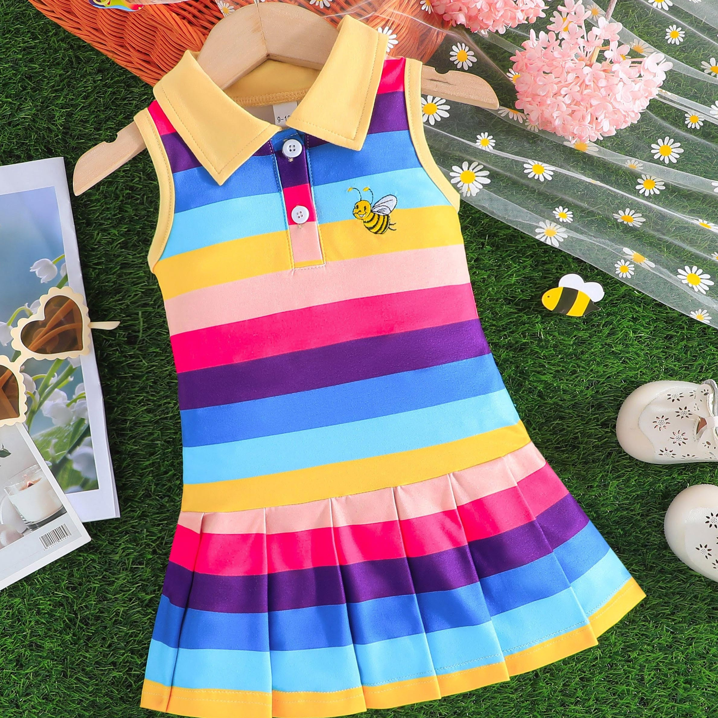 

Baby's Rainbow Color Stripe Pattern Sleeveless Pleated Dress, Infant & Toddler Girl's Dress For Summer/spring, As Gift