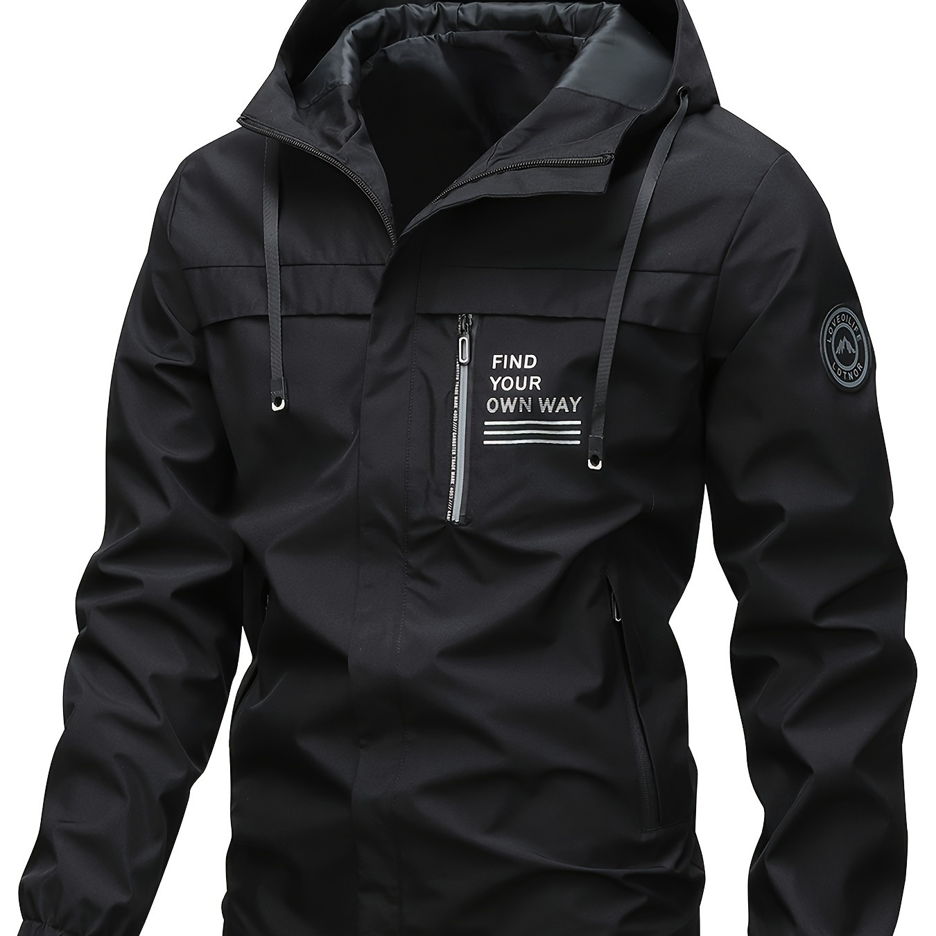 

find Your Own Way " Print Men's Casual Hooded Sport Jacket, Outdoor Windproof Zip-up Coat, Stylish Leisure Wear