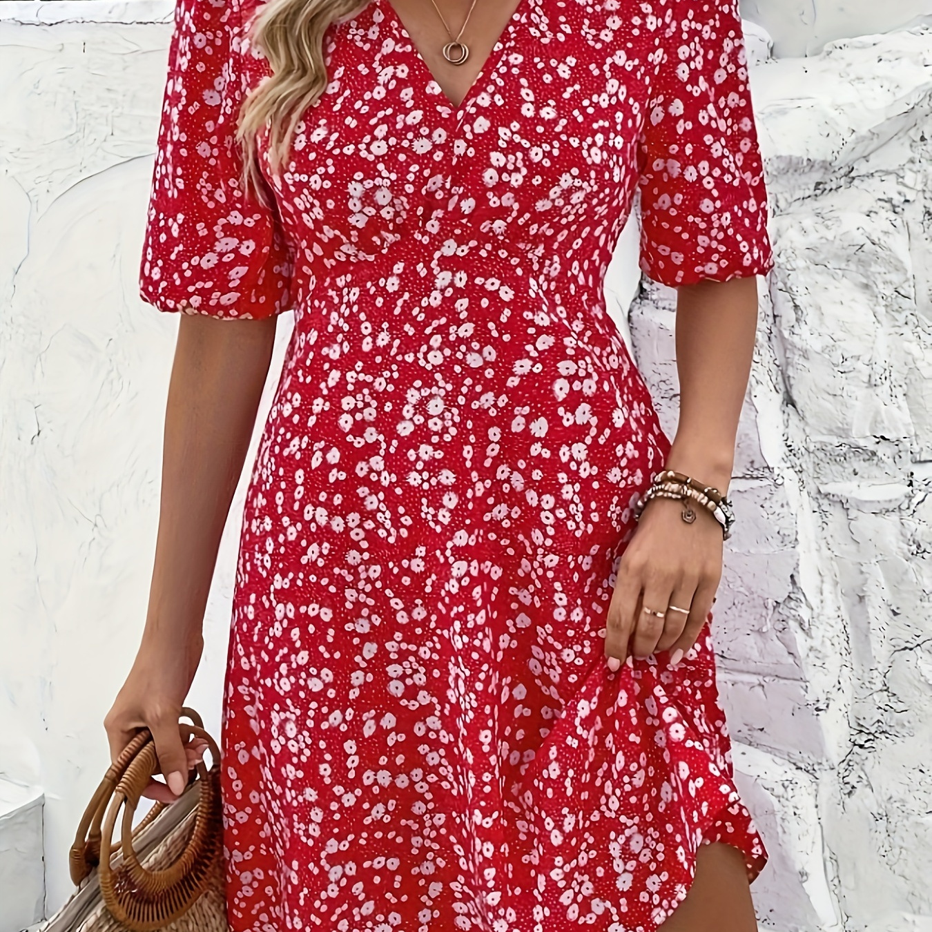 

Floral Print V Neck Dress, Vacation Style Short Sleeve Dress For Spring & Summer, Women's Clothing