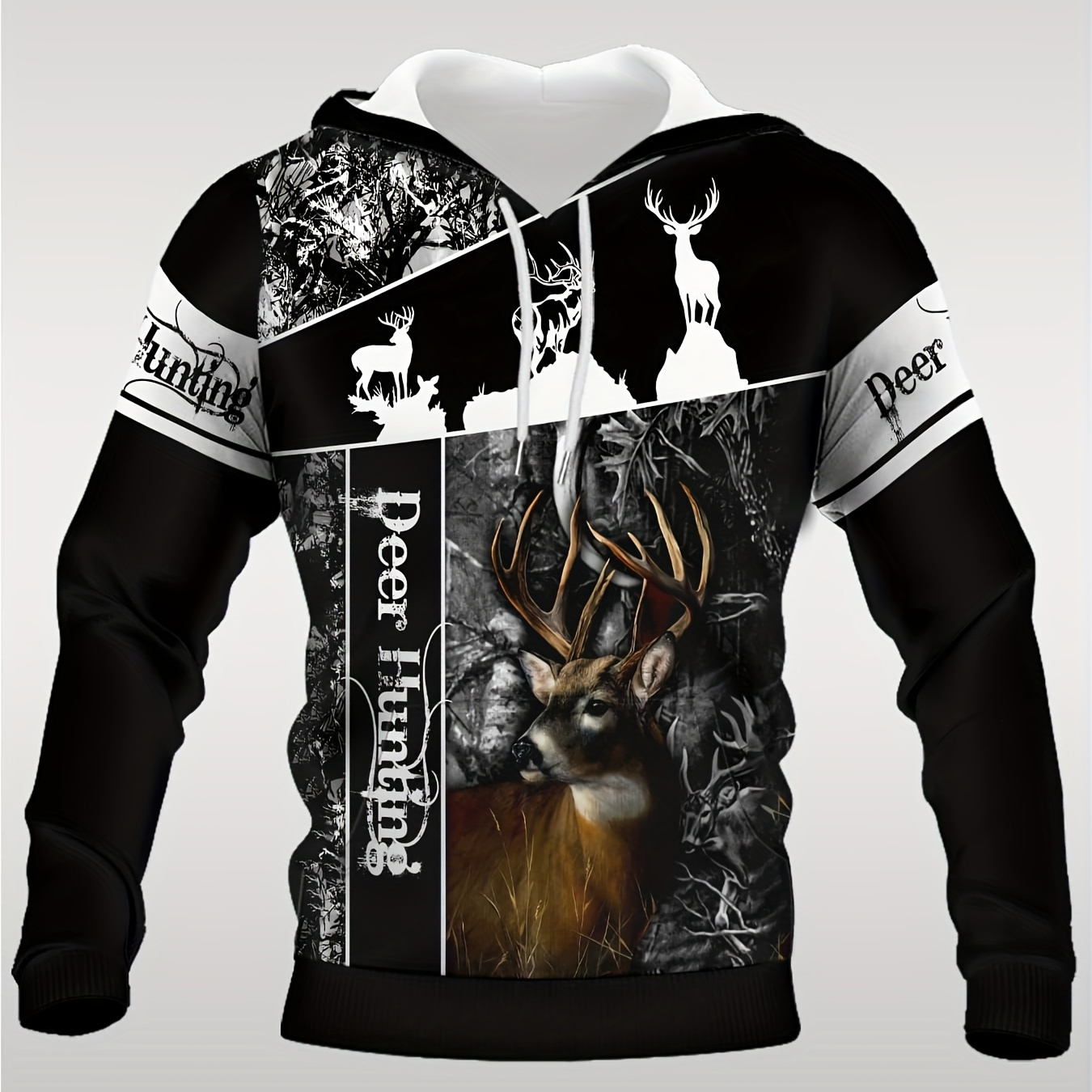 

Men's 3d Hoodie, Casual Stretch Pullover With Drawstring, Polyester, Regular Fit, Comfortable Knit Fabric, Deer Hunting Theme, Black With Mixed Patterns, Hooded Sweatshirt With Pockets