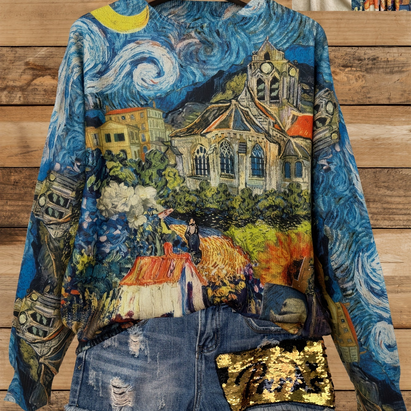 

Women's Van Gogh-inspired Night Print Lightweight Sweater - Casual Crew Neck Long Sleeve, Polyester , All