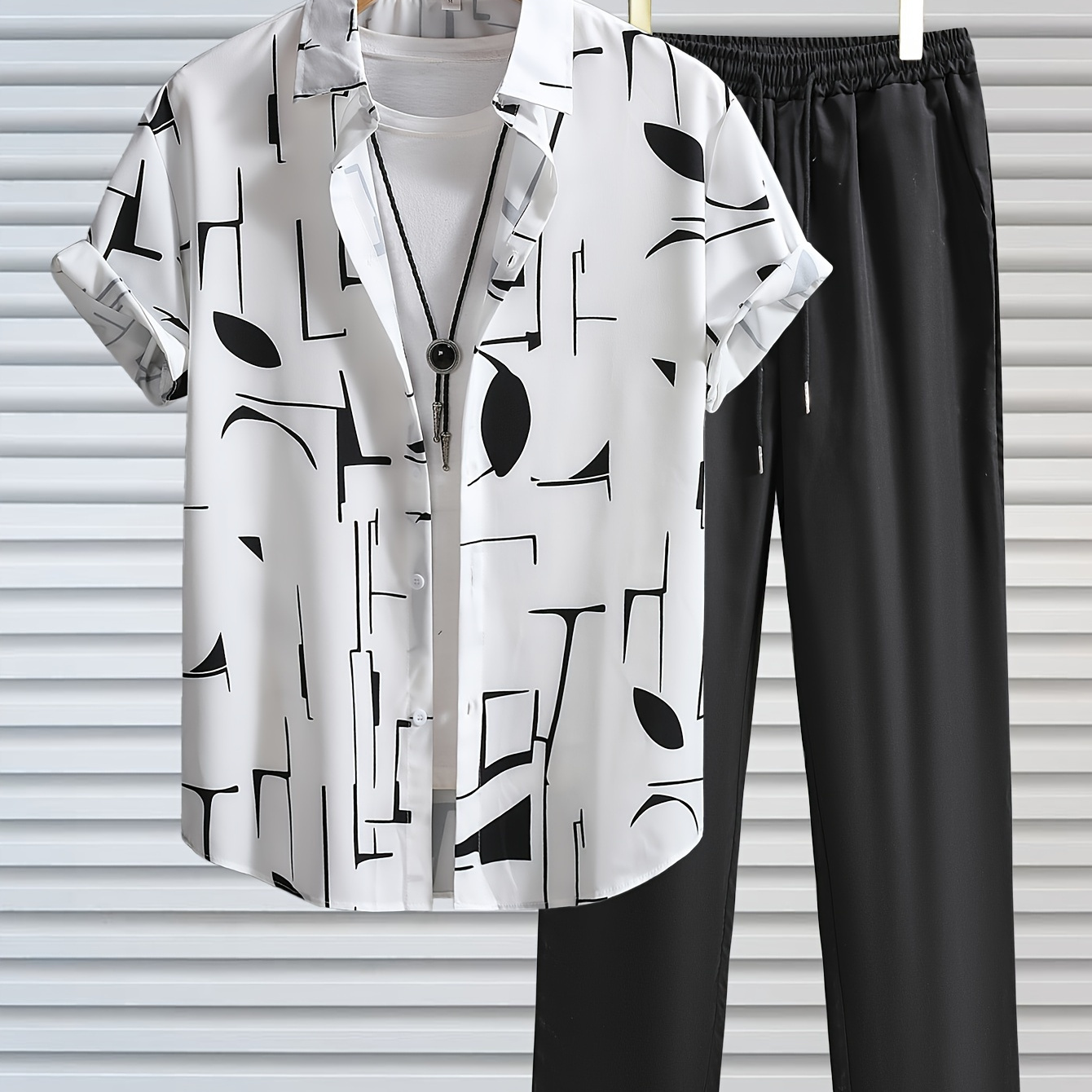 

Men's Outfit, Casual Geometric Graphic Print Lapel Short Sleeve Button Up Shirt & Drawstring Pants 2-piece Set For Outdoor Activities