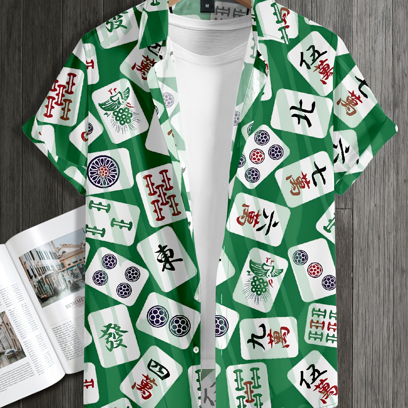 

Men's Mahjong Graphic Print Shirt, Casual Lapel Button Up Short Sleeve Shirt For Summer Outdoor Activities