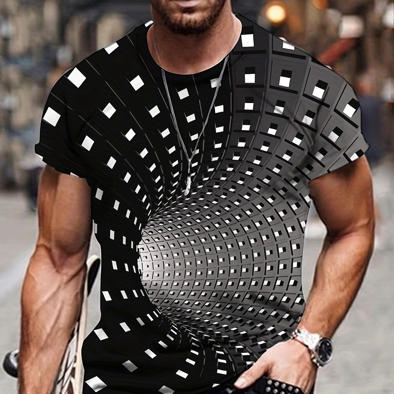 Optical Illusion, Men's Novelty T-shirt, Trendy Short Sleeve Tees For Summer