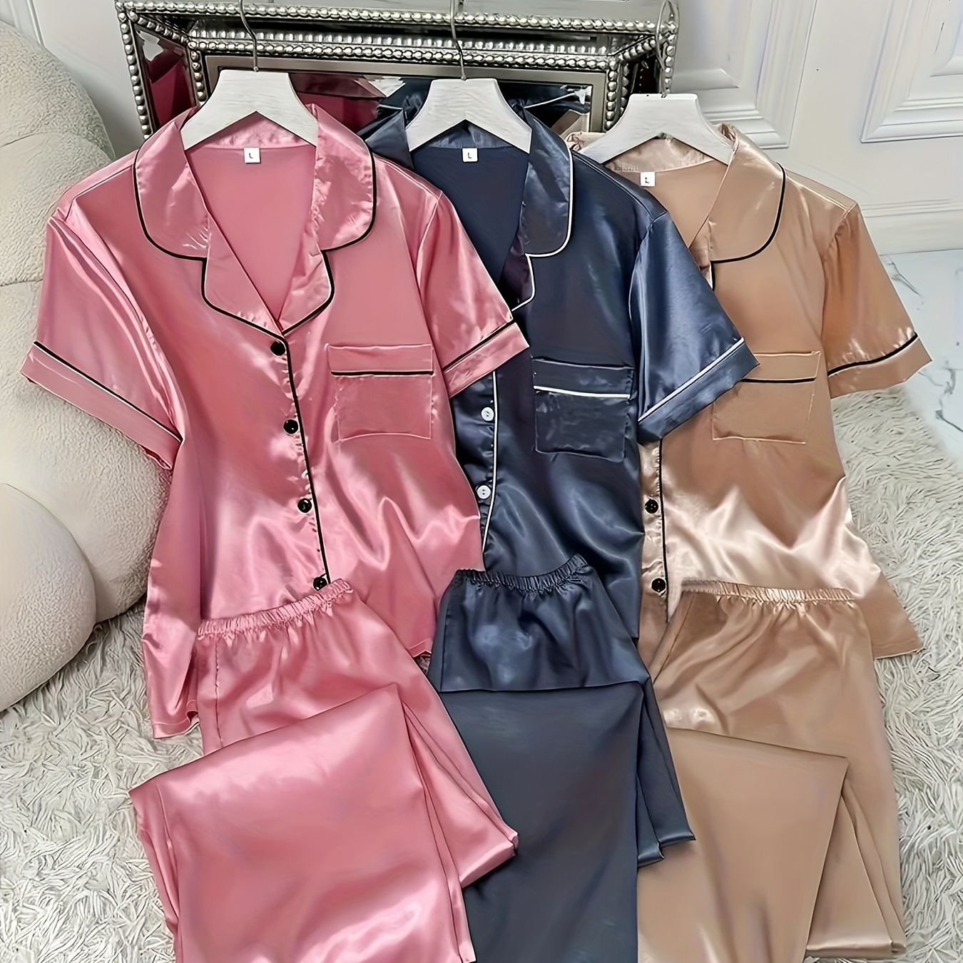 

3 Sets Women' Satin Casual Pajama Set, Short Sleeve Buttons Lapel Top & Pants, Comfortable Relaxed Fit