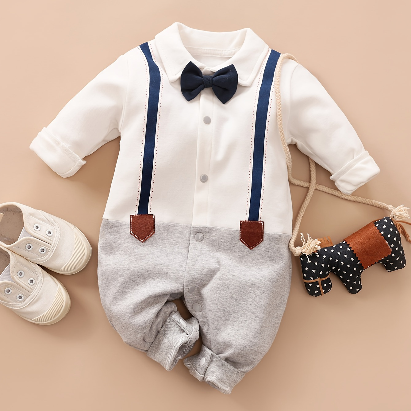 

Cotton Bow Tie Gentleman Boy Classic Long Sleeve Spring And Autumn Baby Bodysuit
