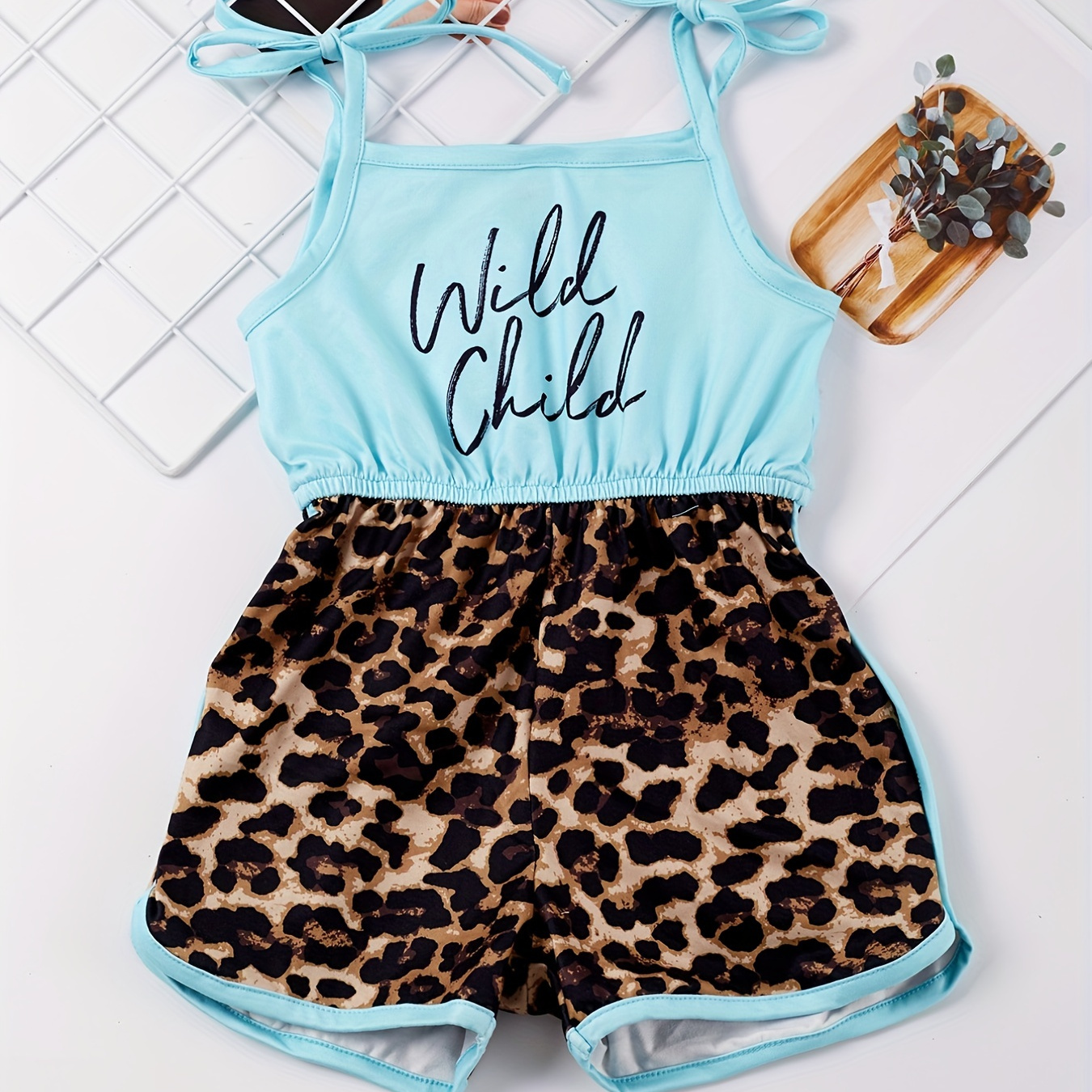 

Toddler Girls Letter Leopard Graphic Shoulder Bow Contrast Binding Cami Rompers Jumpsuits For Beach Vacation Kids Summer Clothes