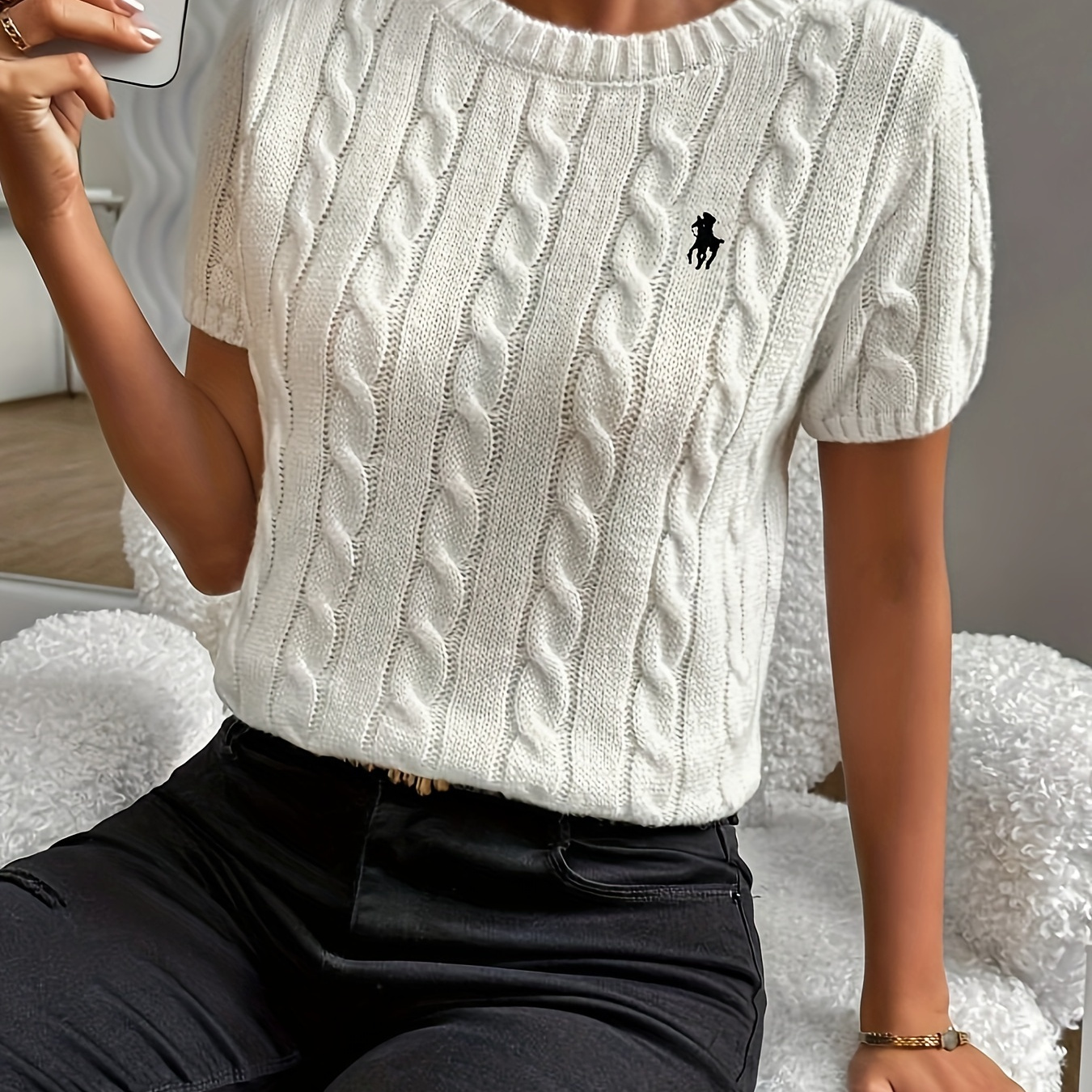 

Embroidered Crew Neck Knitted Sweater, Casual Short Sleeve Pullover Sweater, Women's Clothing