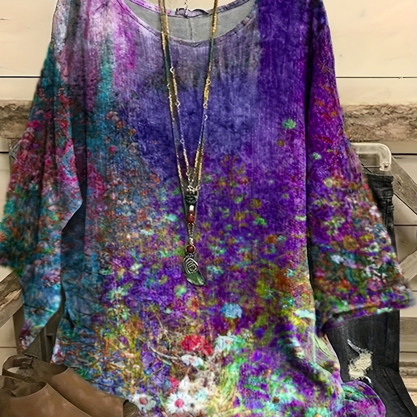 

Hra001 Women's Plus Size Long Sleeve Floral Print Shirt - Casual Polyester Woven Pullover With Round Neck, , No Belt - For Casual