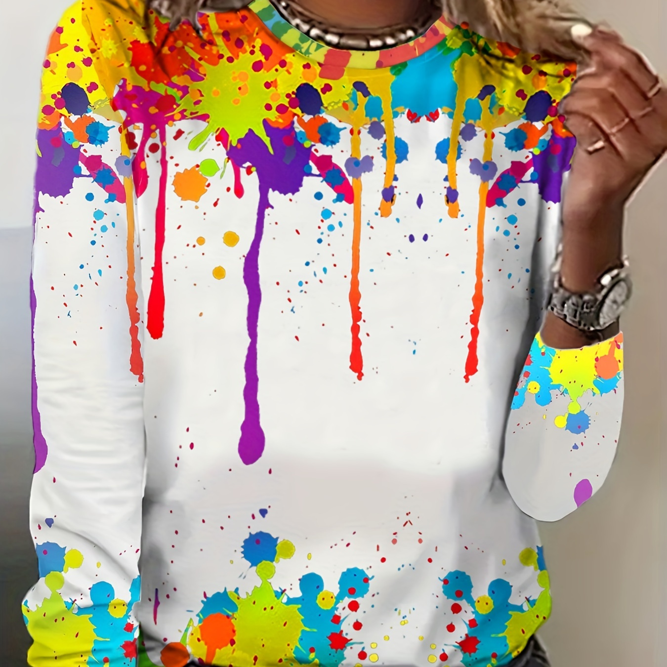 

Ink Splash Print Crew Neck T-shirt, Casual Long Sleeve Top For Spring & Fall, Women's Clothing