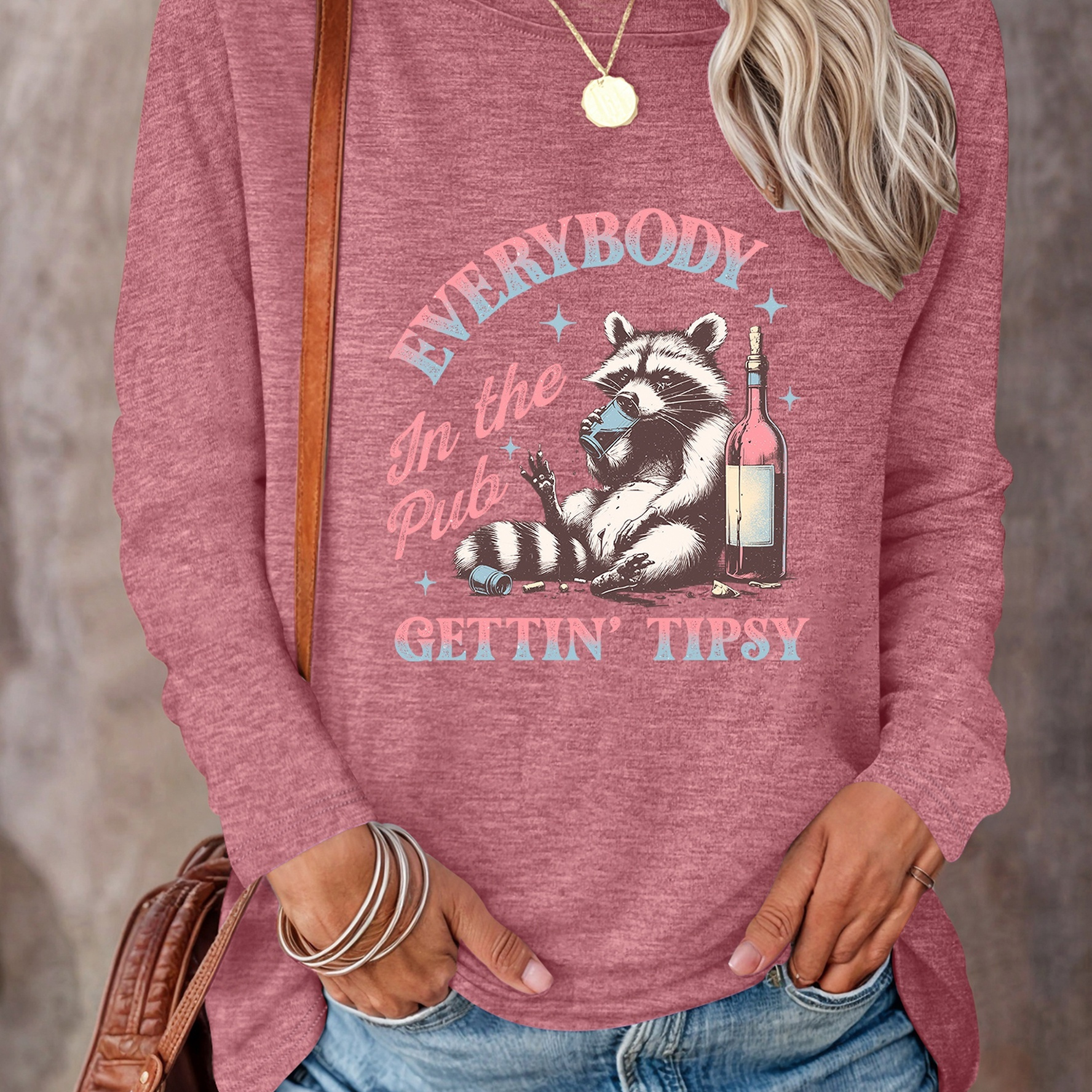 

Raccoon Print T-shirt, Long Sleeve Crew Neck Casual Top For Spring & Fall, Women's Clothing