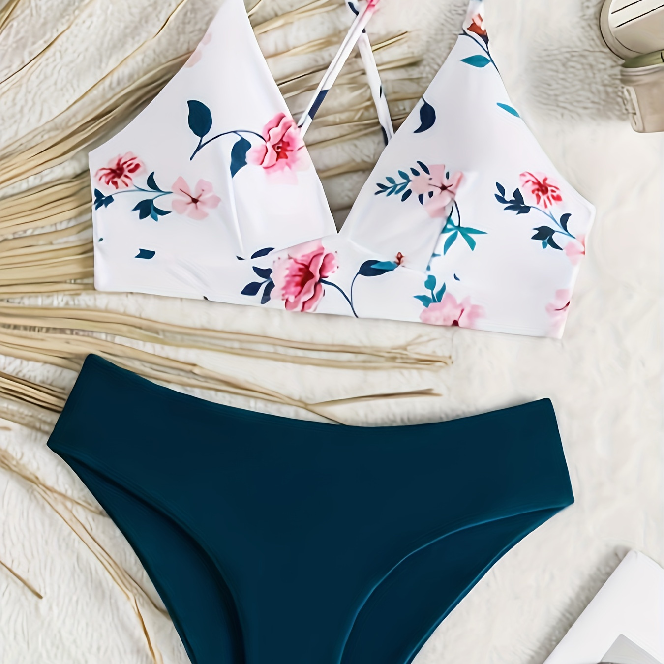 

Floral Pattern 2 Piece Set Bikini, V Neck Criss Cross Straps High Cut Swimsuits, Women's Swimwear & Clothing