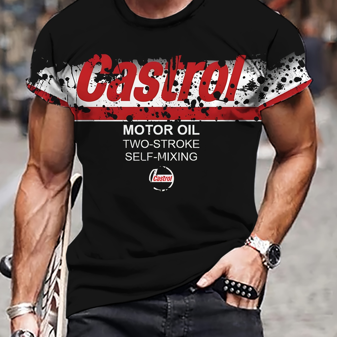 

Men's Castrol Print T-shirt, Casual Short Sleeve Crew Neck Tee, Men's Clothing For Outdoor